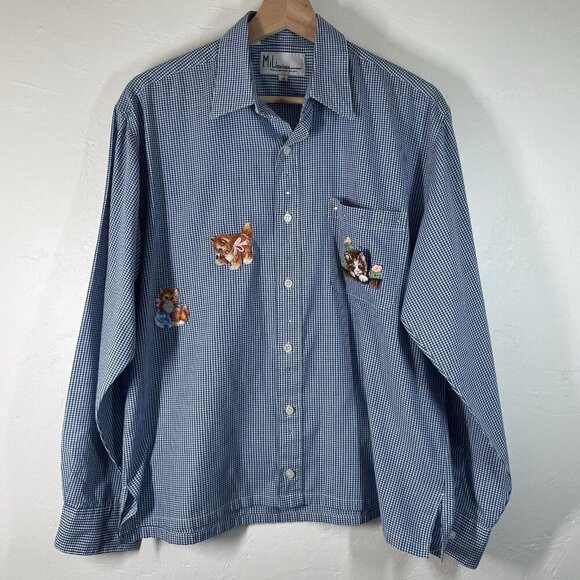 Mili Designs Appliquéd Embellished Cat Kitten Shirt Blue Gingham Check VTG Sz M - Picture 1 of 13